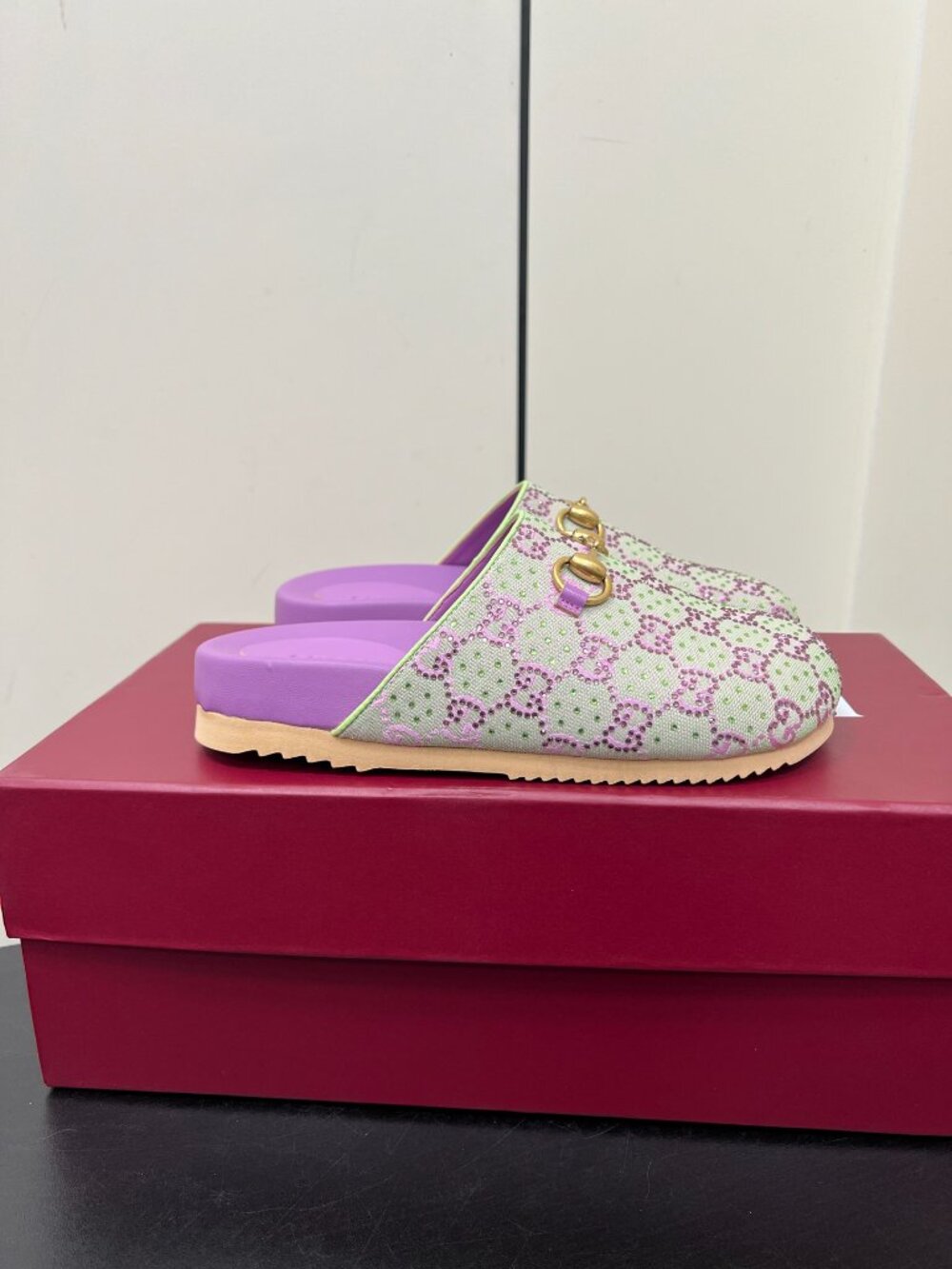 Gucci GG Crystal Horsebit Platform Mules Purple Canvas Slip On Clogs - Picture 4 of 6
